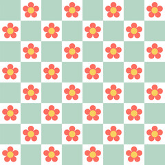 Red flower and green square checkered seamless pattern. Vector Repeating Background.