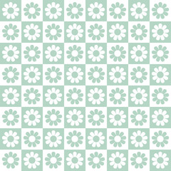 Green pastel checkered with flowers seamless pattern. Vector Repeating Background.