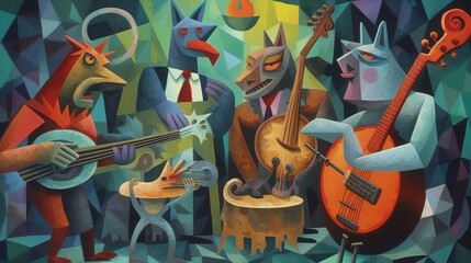 Animals playing music instruments. Cubism style. Made with Generative AI.