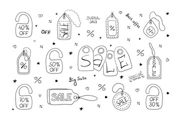 Set of various hand drawn doodle price tags, percent discount, special offer, shopping discount label, promotional sale badge, ?omposition of four price tags with letters, lettering SALE.