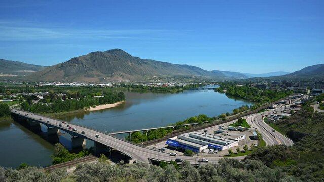 Panoramic Timelapse Showcasing Overlanders Bridge in Kamloops and the Majestic Thompson River