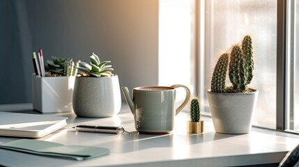 working from home. Workspace in a minimalist home office with a cactus and a metal mug. Generative AI