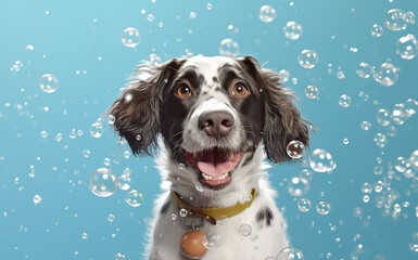 A cute little dog taking a bubble bath with his paws up on bubble the rim of the tub