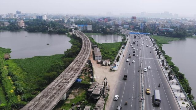 Beautiful aerial shot of India's highway with metro construction work for a new India in Kolkata.