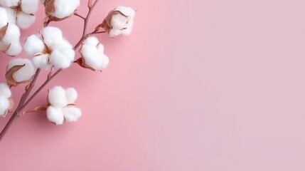 Cotton branch with copy space on pink pastel background. Generative AI.