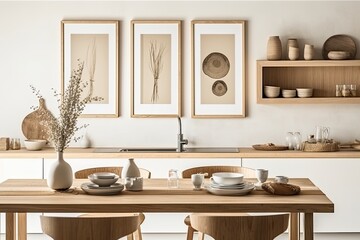 A modern wooden kitchen with a sink, tabletop, square window, and vertically framed poster is seen from the side. the idea of dining at home. a mockup Toned picture Generative AI