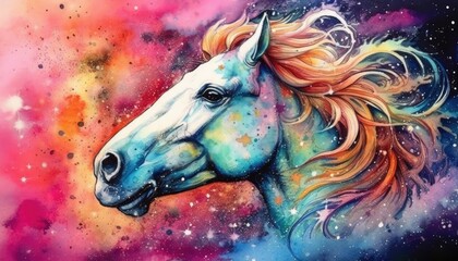 art horse in space . dreamlike background with horse . Hand Drawn Style illustration