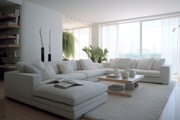 interior design for a modern white living room, home furnishings, Generative AI