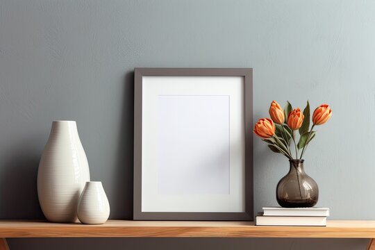 Mockup of a blank picture frame on a grey wall with a lamp and a flower vase on a shelf, modern interior design, home staging, computer-generated pictures, and paper-cut style. Generative AI