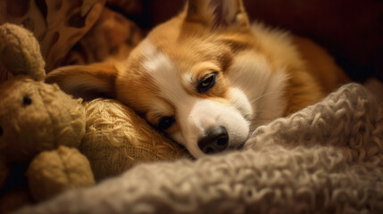 A Sleepy Corgi Dog Snuggles Inside Warm Blankets with Their Best Friend - Calm and Cozy - Generative AI