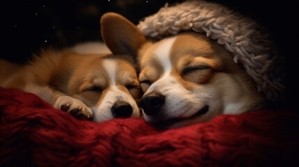 A Sleepy Corgi Dog Snuggles Inside Warm Blankets with Their Best Friend - Calm and Cozy - Generative AI