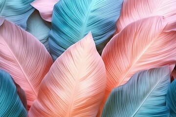 Summer pastel background, soft pink and green colors. Tropical exotic flat lay background. Illustration. Generative AI.