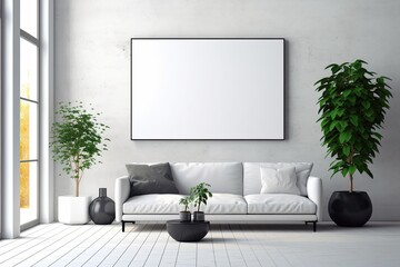 contemporary minimalism, a mockup billboard, and a living room decorated in a Scandinavian manner, Generative AI