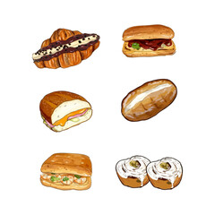 Set of Breads and pastries watercolor vector design elements