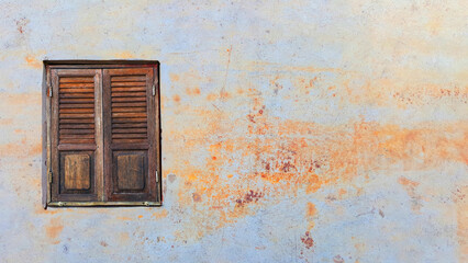 Old wood window on rustic stone wall use for web design and architecture background