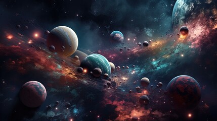 Obraz na płótnie Canvas Vibrant Space Wallpaper featuring a cluster of vibrant planets against a backdrop of starry space generative ai