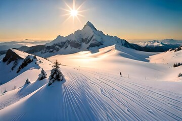 sunrise in the snowy mountains using created using AI Generative Technology