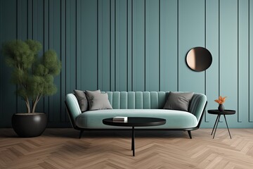 Interior of a minimalist living room including a wooden floor, a round coffee table, a soft blue sofa, and a geometric wall design. one that is horizontal. a mockup Generative AI