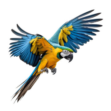 Macaw blue and yellow bird Flying in the air with open wingspan isolated on white background, Generative Ai