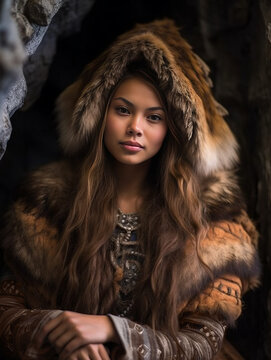 Ice Age Cave Woman, Cavewoman Wearing Furs in Cavern Photorealistic Illustration [Generative AI]