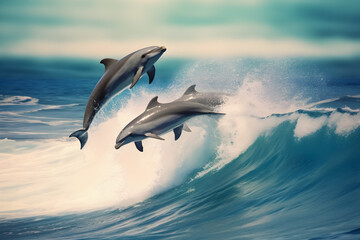 Fototapeta premium Playful dolphins jumping over breaking waves. Hawaii Pacific Ocean wildlife scenery. Marine animals in natural habitat.