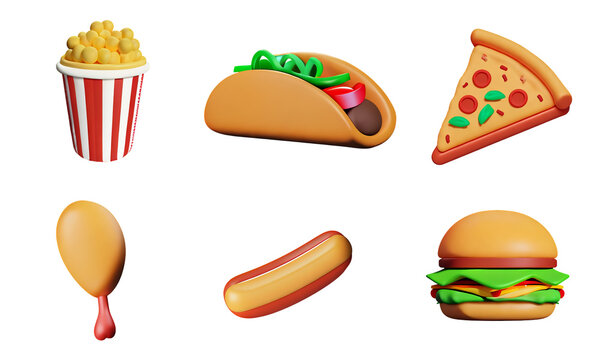 Fast food 3d realistic render vector icon set