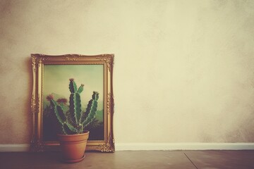 Cactus fragment in front of white wall, dressed as an art frame Generative AI