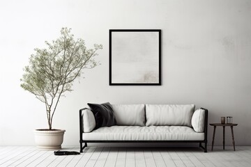 Poster over a white sofa with a frame in a minimalist zen living room. Generative AI