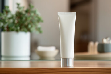 Home spa essentials: A pristine white cream tube sits on a table, ready to enhance your home spa experience with its moisturizing properties. Generative AI