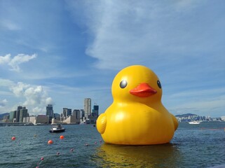 Giant yellow duck balloon exhibition in Victoria harbour, Hong Kong.