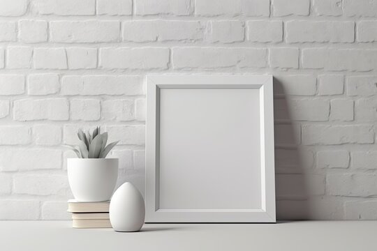 background of a white mock-up frame with a white brick wall color Generative AI
