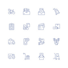 Delivery line icon set on transparent background with editable stroke. Containing bike, books, box, clipboard, construction vehicle, credit card payment, deliver, delivery.