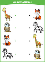 Education game for children connect the same picture of cute cartoon wild animal giraffe owl fox zebra printable