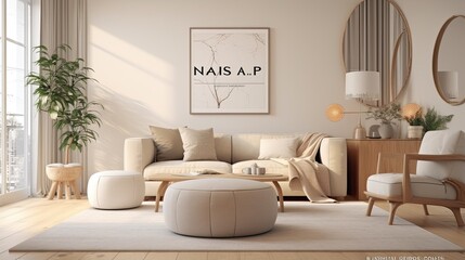 Elegant personal accessories, a pouf, a console, and a mock poster frame are included in this stylish living room interior composition. Copy the template in SAP. Generative AI
