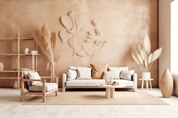 Farmhouse-style boho living room mock-up in white and beige tones. Modern wallpaper, furniture, and decorations. modern interior decor Generative AI