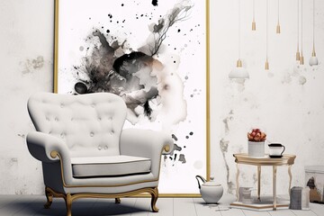 mockup of a poster featuring an armchair with decorations and a hipster background. Generative AI