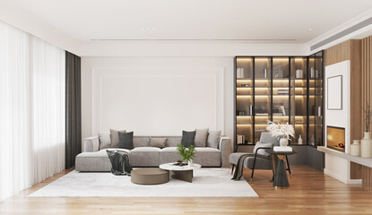 The modern luxury interior of the living room is bright and clean. 3D illustration