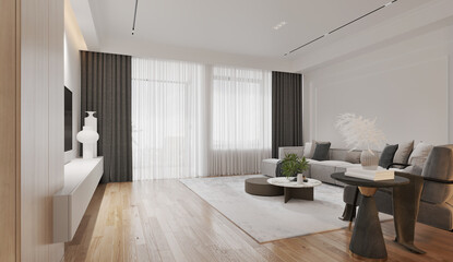 The modern luxury interior of the living room is bright and clean. 3D illustration