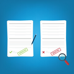 Approved and rejected documents with magnifier, pen and  stamp. Flat design elements. Approved  or rejected application concepts. Vector illustration in flat style isolated on color background.