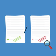 Approved and rejected documents with magnifier, pen and  stamp. Flat design elements. Approved  or rejected application concepts. Vector illustration in flat style isolated on color background.