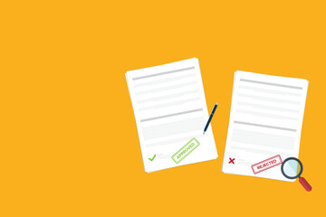 Approved and rejected documents with magnifier, pen and  stamp. Flat design elements. Approved  or rejected application concepts. Vector illustration in flat style isolated on color background.