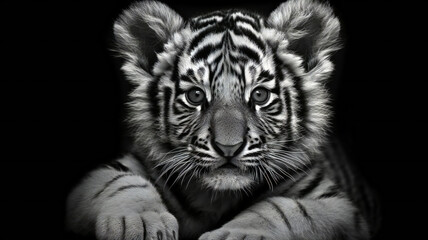 Fototapeta na wymiar Close up of a white tiger cub looking at the camera on black background, Generative AI