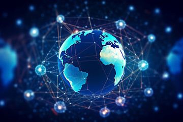 Naklejka premium A network of interconnected globe icons representing a global business network, with data flowing between them, symbolizing international connectivity and collaboration Ai generative