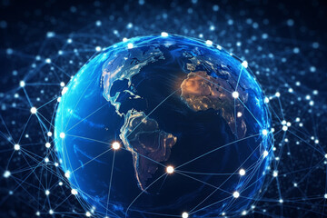 Fototapeta premium A network of interconnected globe icons representing a global business network, with data flowing between them, symbolizing international connectivity and collaboration Ai generative
