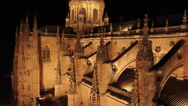 Pinacles of a Gothic cathedral, aerial close up view. Cathedral of Salamanca, Spain, at night.