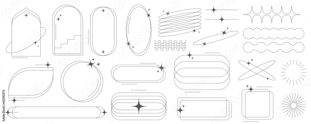 Wall mural aesthetic frames and shapes with stars. minimal y2k outline graphic design with sparkles. abstract m