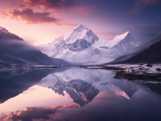 Fototapeta na wymiar Twilight Reflections: Serenity and Majesty of a Mountain Lake at Sunrise