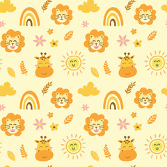 cute seamless pattern with repeating wild animal faces lion, giraffe and rainbow. childish theme Vector illustration