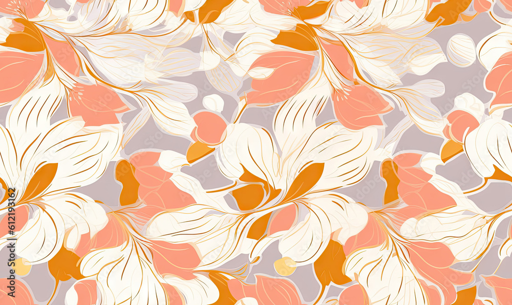 Wall mural creative floral pattern with orange and white flowers on a gray background