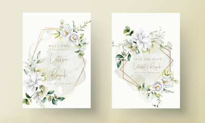 Fototapeta na wymiar beautiful watercolor wedding invitation with greenery leaves and white flower